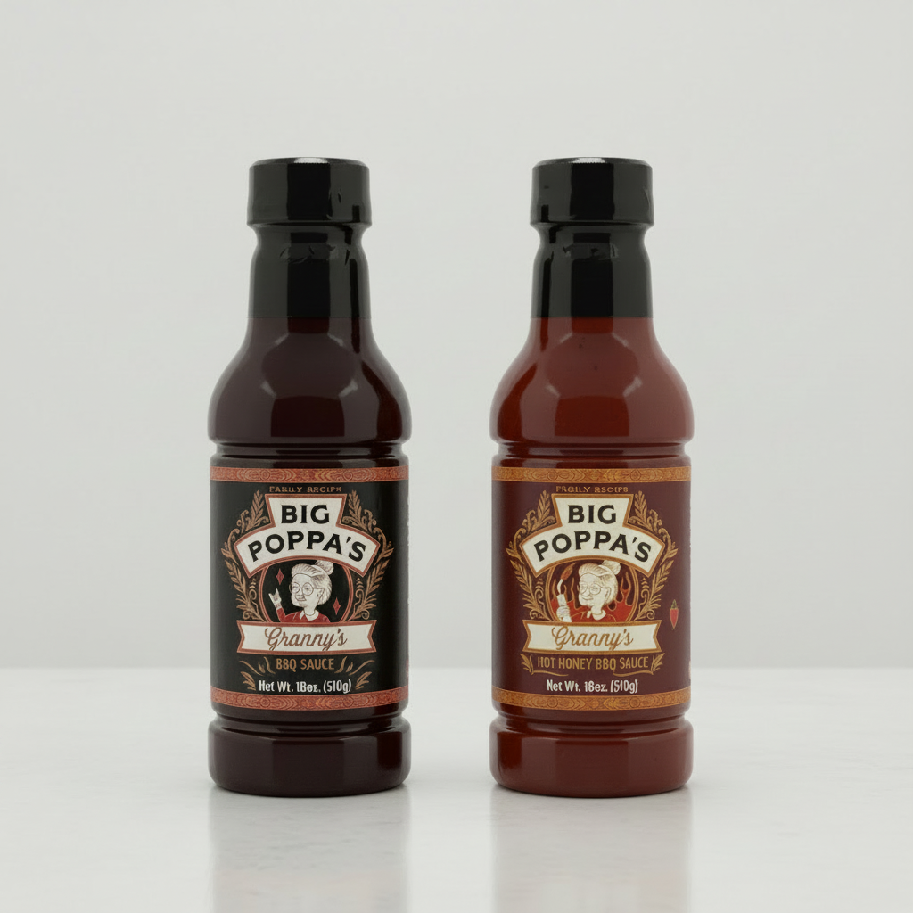 Two bottles of Big Poppa's Grannie's hot honey BBQ sauce on a white background