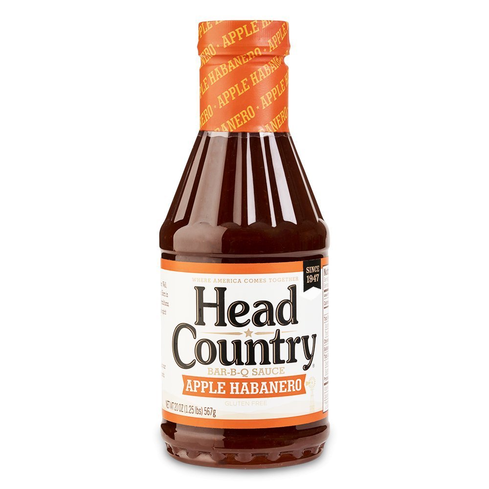 Head Country Apple Habanero Sauce 20oz bottle with red and orange label, glass container, textured metal cap, and spicy