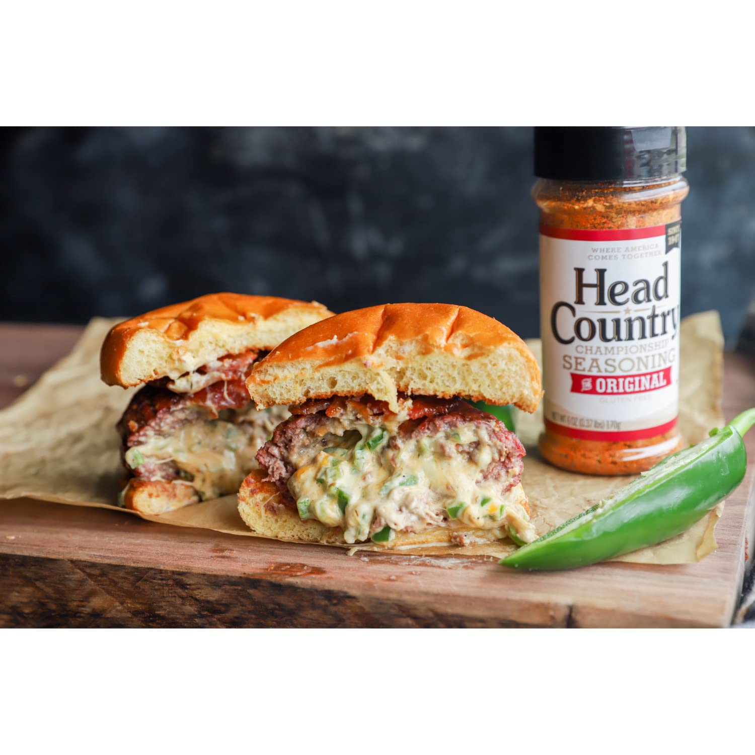 Close-up of the Head Country seasoning jar label highlighting handcrafted ingredients and farm-raised flavor notes.