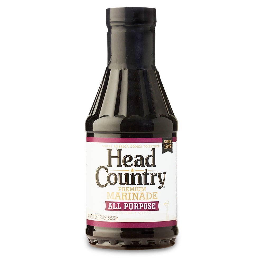 Head Country Marinade 20oz bottle with bold black and red label, gluten-free, for beef, pork, poultry, and vegetables