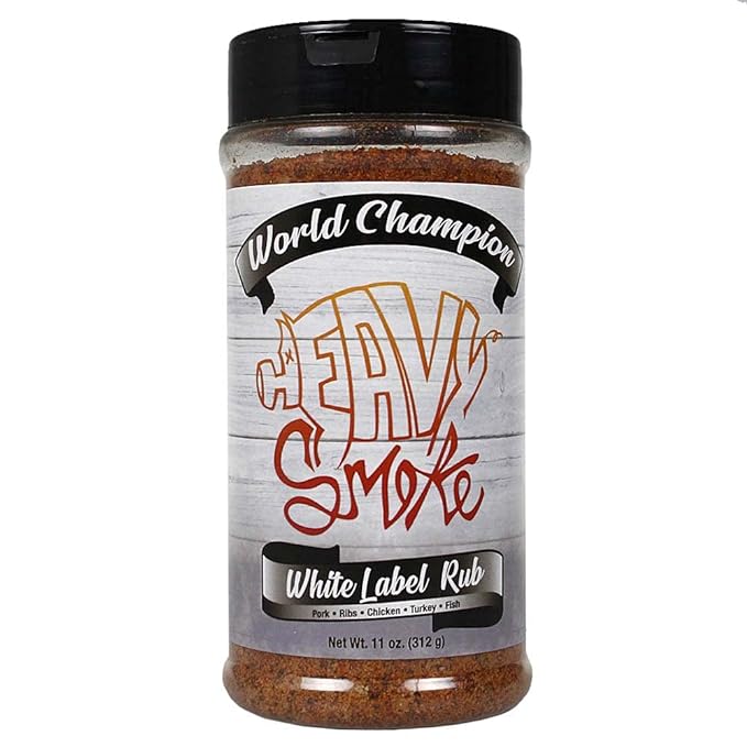 Heavy Smoke White Label Rub, 11oz hand-crafted seasoning blend for pork, poultry, and seafood, with organic ingredients