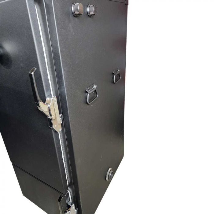 Close-up of the Humphrey's BBQ The Down East Beast GEN23 smoker’s textured black metal surface and vent details from a