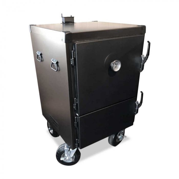 Close-up of Humphrey's BBQ Smokers The Qube'd Box GEN23 lid latch and textured stainless steel surface from a top-down angle.