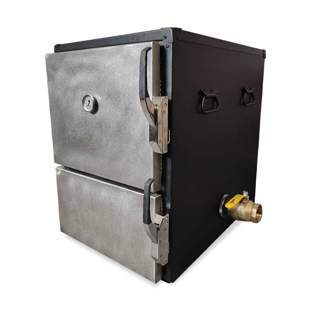 Humphrey's BBQ Smokers The Weekender GEN23 with black powder-coated steel body, stainless steel smoker box, and wooden handle