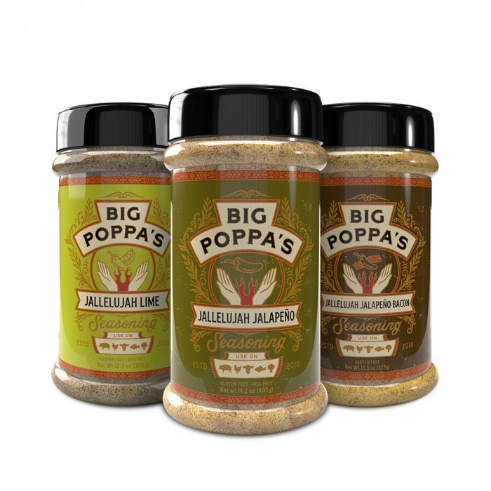 Jallelujah Spice Trio by Big Poppa Smokers featuring jalapeno, bacon, and lime seasonings in colorful jars for grilling and