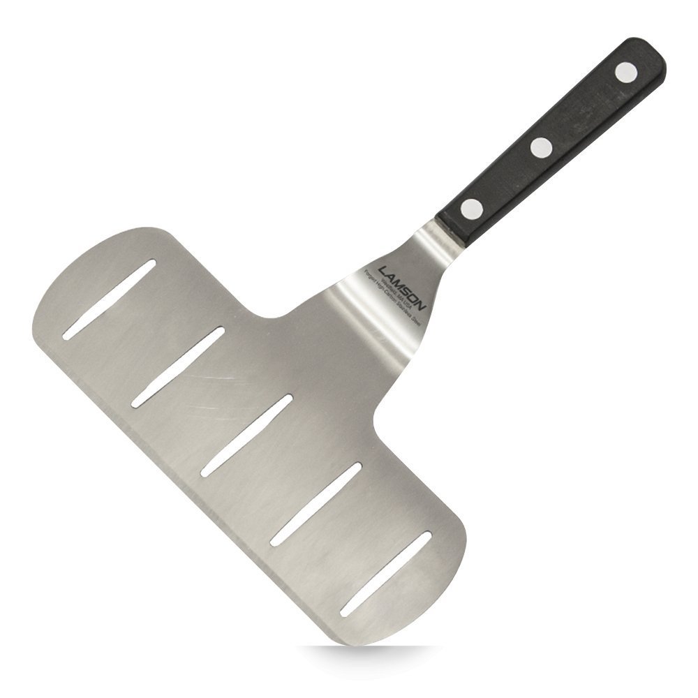 Lamson jumbo fish and asparagus turner with stainless steel blade and black silicone handle, 12-inch length, textured grip