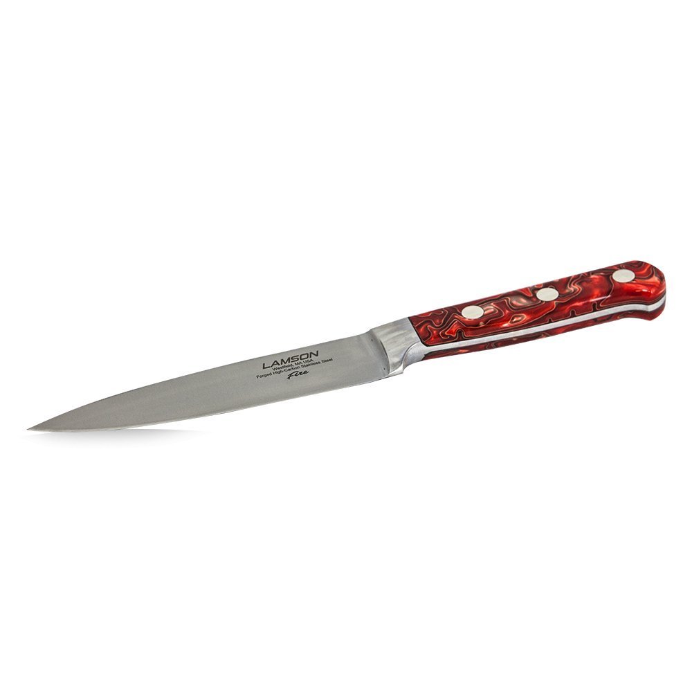 Lamson Fire Series 6-inch stainless steel utility knife with textured orange handle and embedded fire-inspired design
