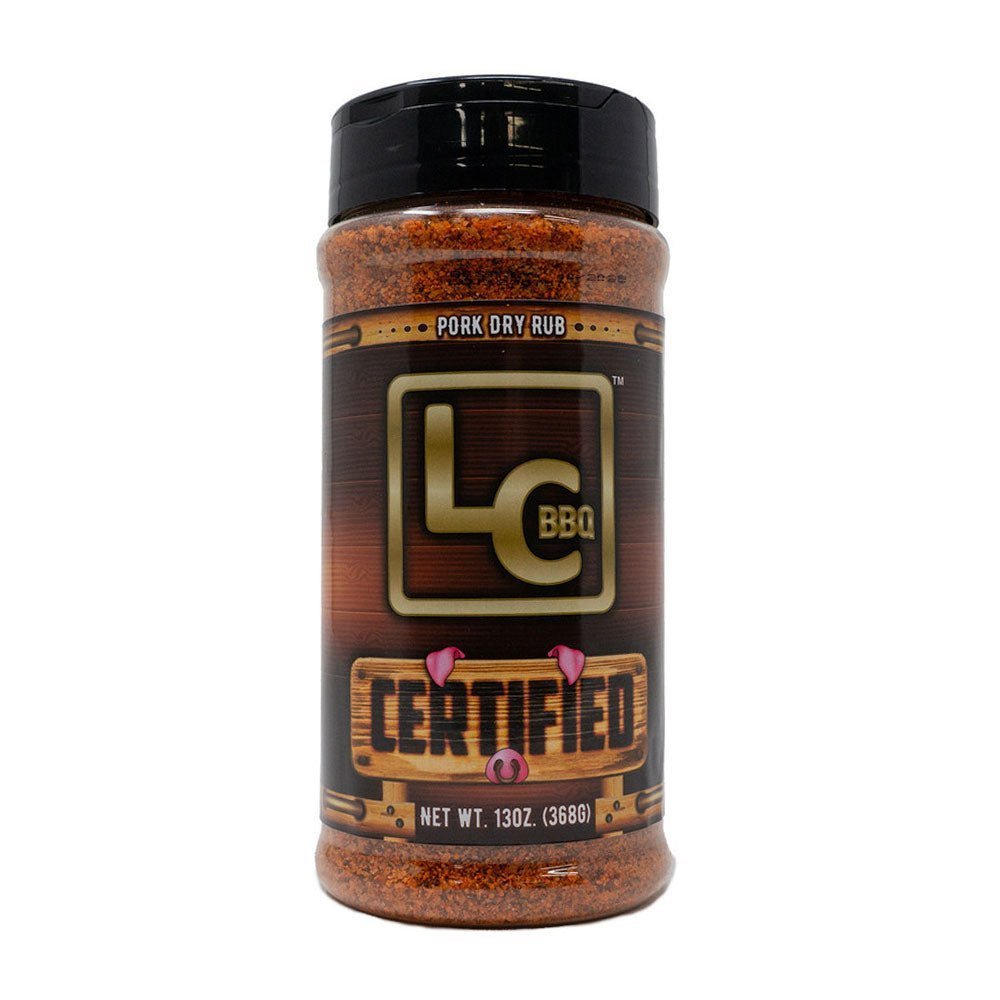 LC BBQ Certified Pork Dry Rub 13oz jar with black and red label, textured spice blend, plastic container, cylindrical shape