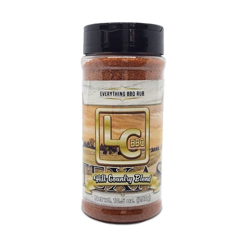 LC BBQ Texas Hill Country Blend BBQ Rub 10.5oz jar with hand-crafted spice blend for beef, pork, poultry, seafood, and wild