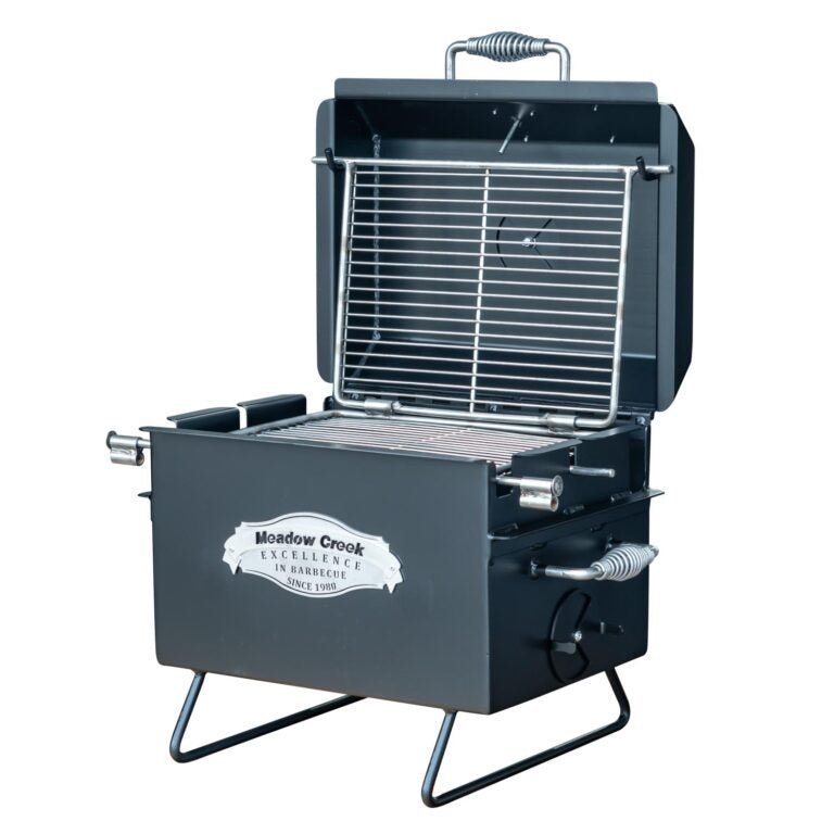 Close-up of the Meadow Creek BBQ18 Chicken Cooker’s stainless steel lid latch and textured handle detailing.