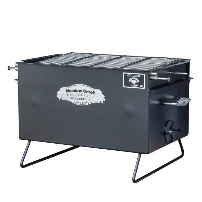 Close-up of the Meadow Creek BBQ26 Chicken Cooker’s heat-resistant stainless steel lid handle and textured surface detail