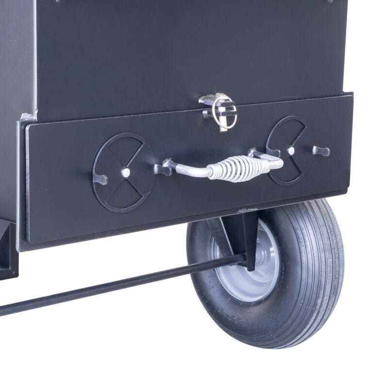 Close-up of the Meadow Creek BBQ42 Chicken Cooker’s stainless steel lid handle and textured surface detail