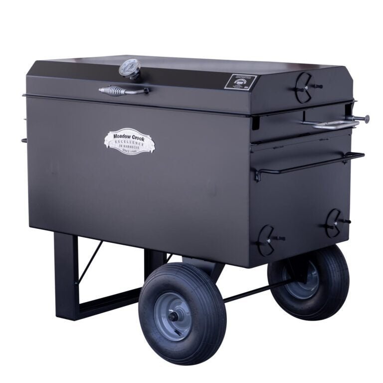 Close-up of the Meadow Creek BBQ42 Chicken Cooker’s stainless steel lid handle with textured grip and reinforced rivets.