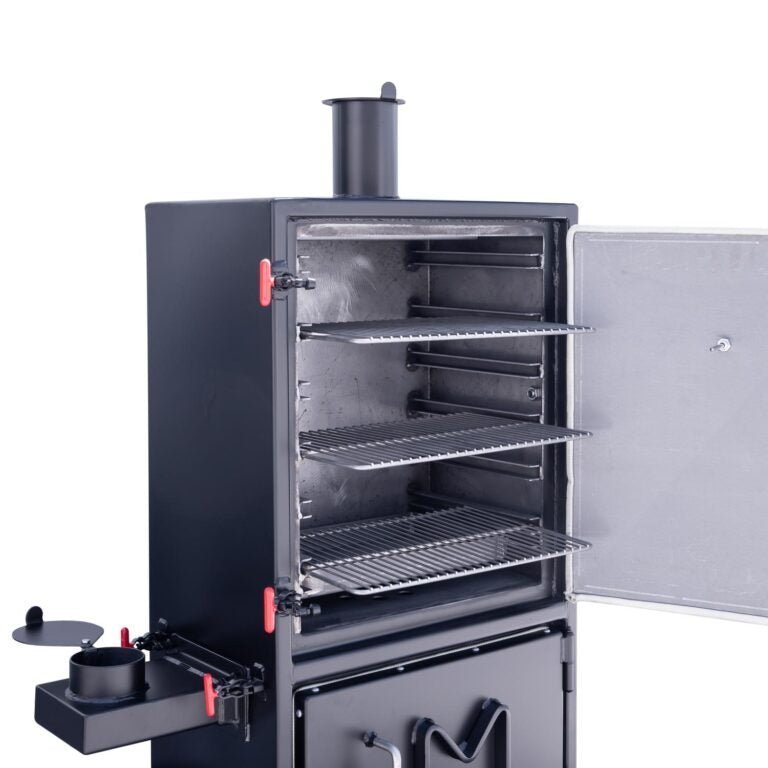 Close-up of the Meadow Creek BX25 Cabinet Smoker’s durable stainless steel latch and textured surface detail.