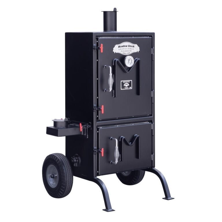Close-up of the Meadow Creek BX25 Cabinet Smoker’s black steel handle and textured wooden door latch for secure sealing