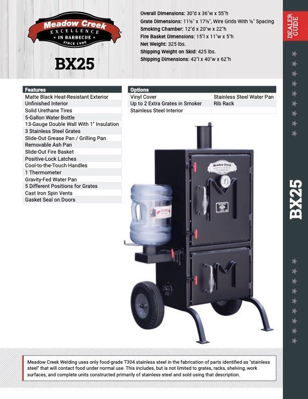 Close-up of the BX25 smoker's stainless steel latch and textured handle on the front door at a slight angle.