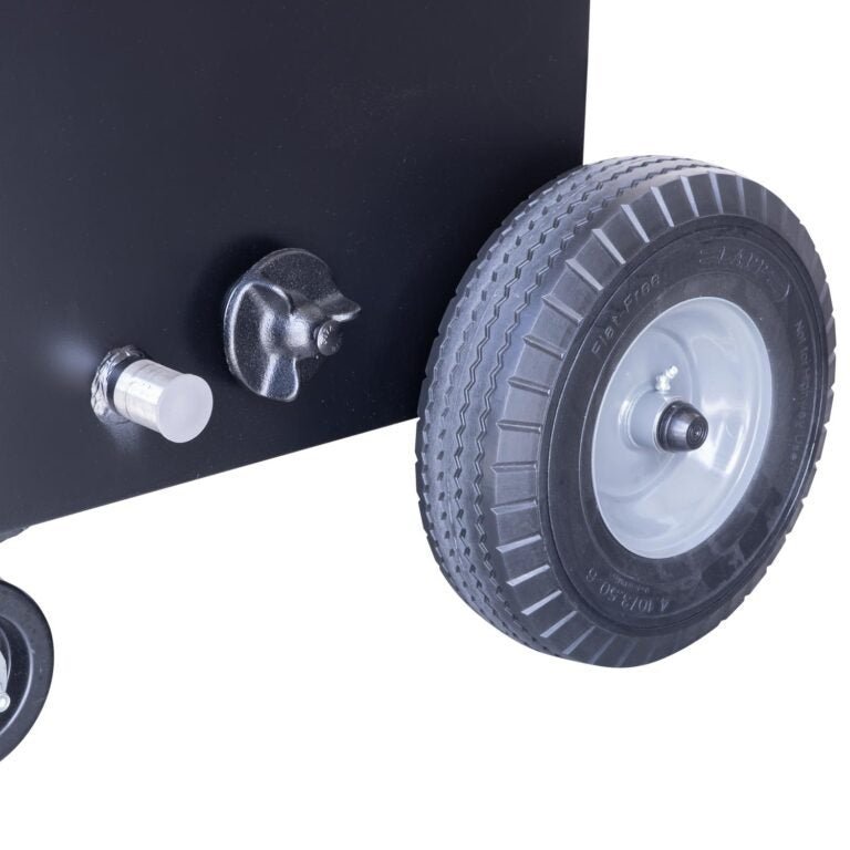 Close-up of the black metal lid latch and textured surface on the Meadow Creek BX50 Cabinet Smoker, showcasing durable