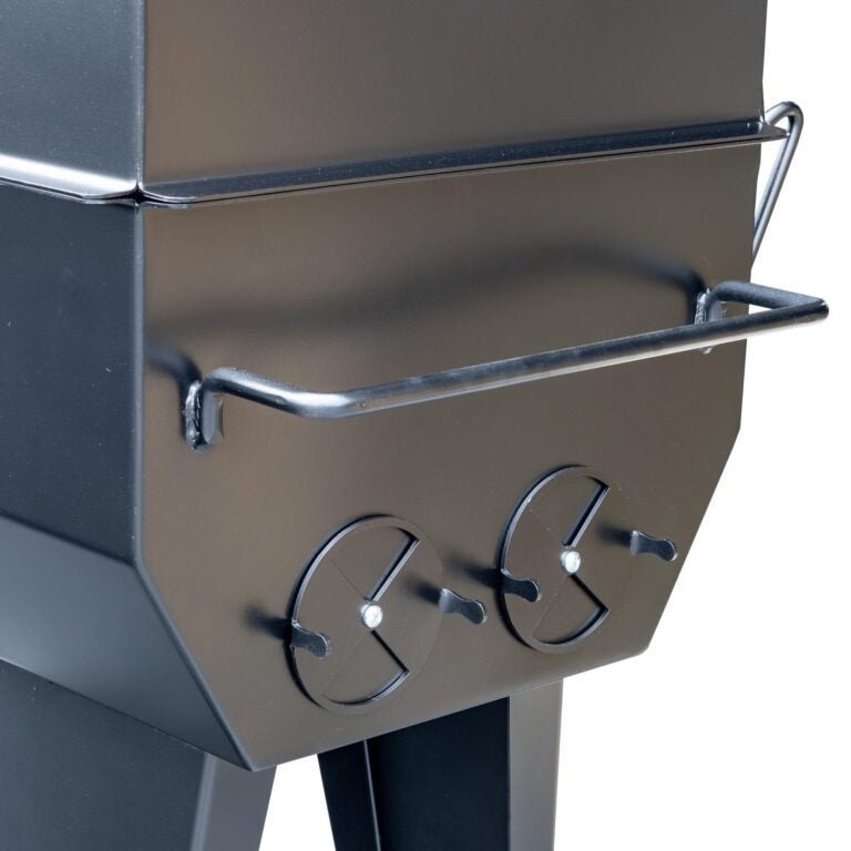 Close-up of the Meadow Creek PR36 Pig Roaster's heavy-duty stainless steel construction and adjustable mounting bracket in