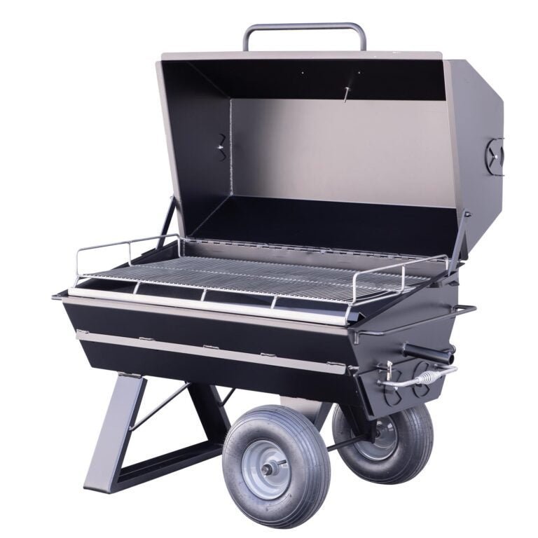 Close-up of the sturdy steel cylinder with adjustable air vent and heat-resistant handles on the Meadow Creek PR42 Pig