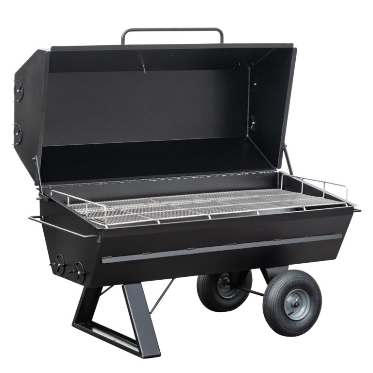 Close-up of the black stainless steel lid latch with textured grip and engraved model name on Meadow Creek PR60 Pig Roaster