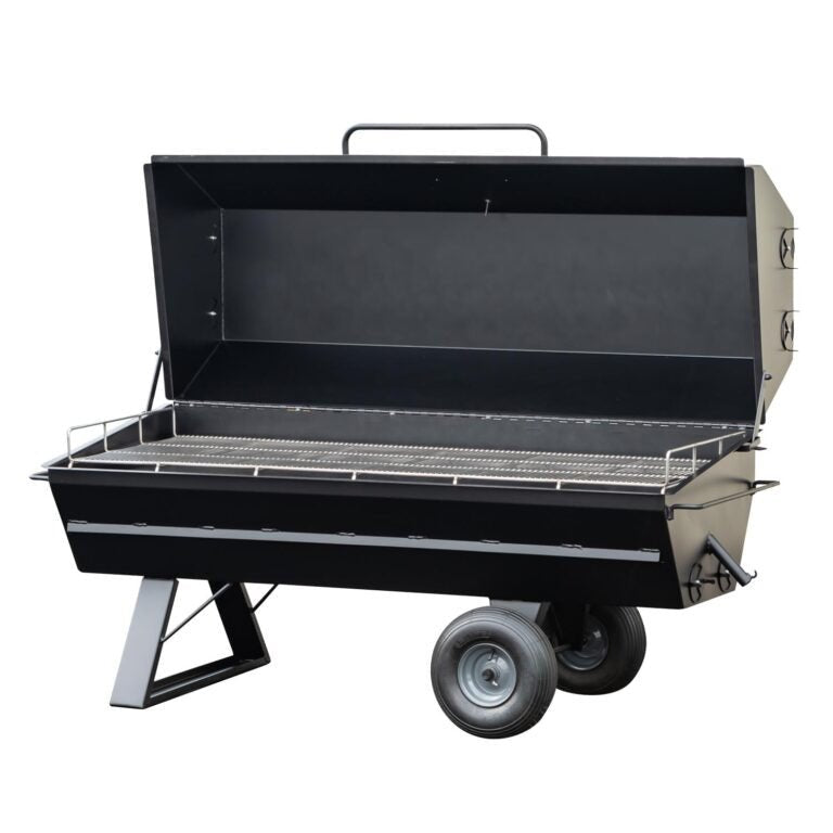 Close-up of the durable stainless steel lid latch and textured handle on the Meadow Creek PR72 Pig Roaster side panel