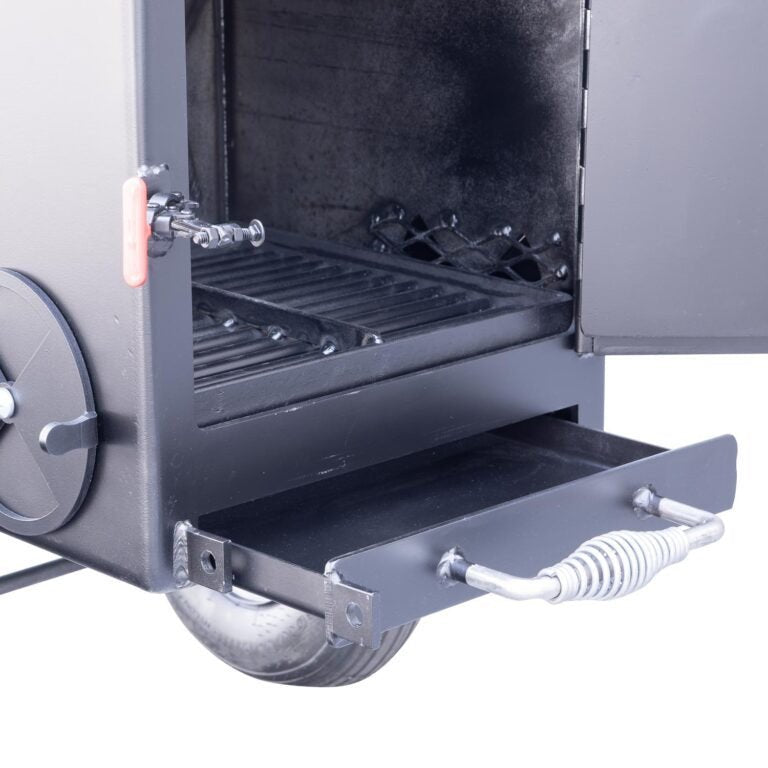 Close-up of the textured black steel lid latch and hinge details on the Meadow Creek SQ36 Offset BBQ Smoker at an angled view