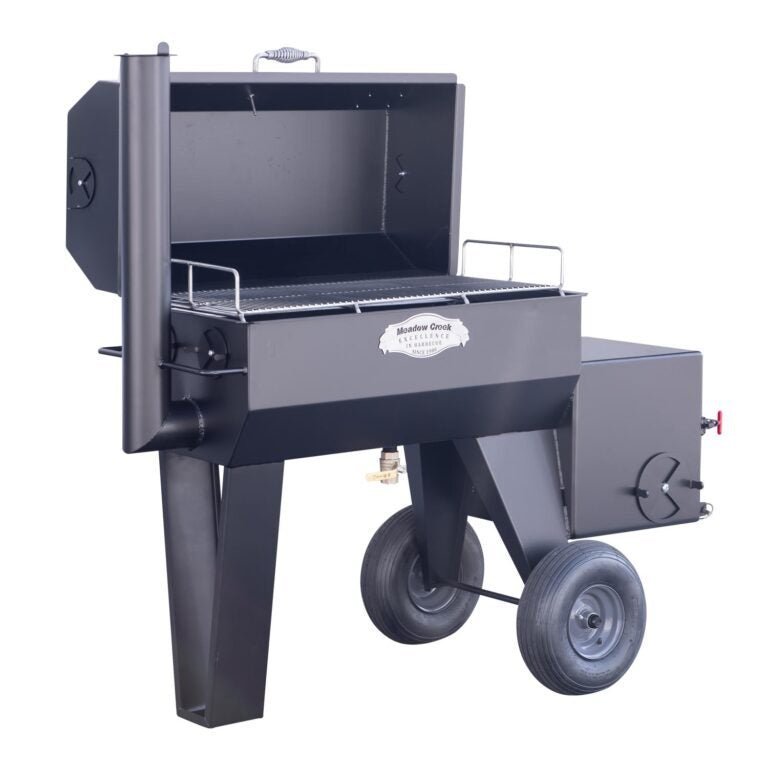 Close-up of the black steel lid latch with textured surface and stainless steel handle on Meadow Creek SQ36 smoker