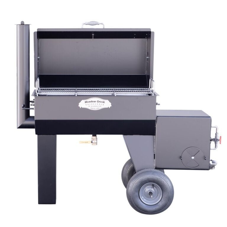 Close-up of the black, textured steel lid latch and handle on the Meadow Creek SQ36 Offset BBQ Smoker, showcasing durable