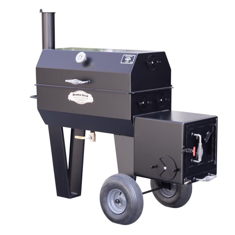 Close-up of the black steel lid latch and textured handle of the Meadow Creek SQ36 Offset BBQ Smoker, highlighting durable