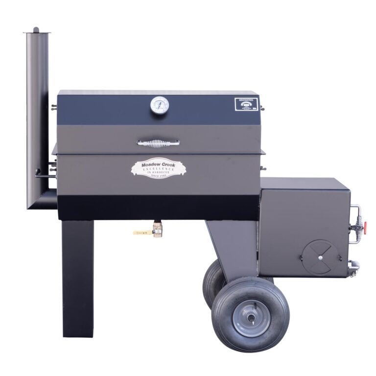 Meadow Creek SQ36 offset BBQ smoker with black painted steel construction, large cooking chamber, and wooden handle on lid