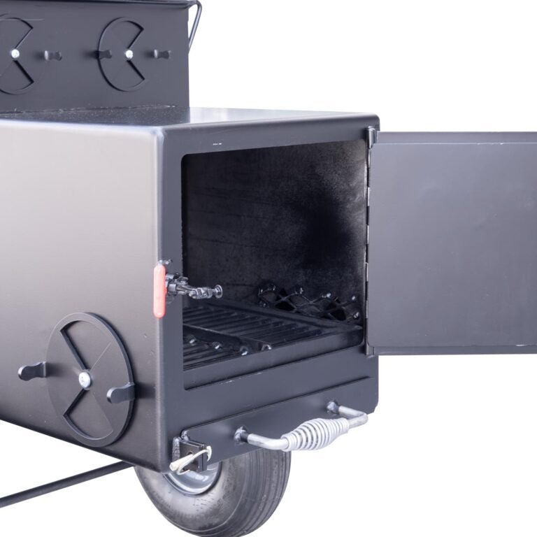 Close-up of the black metal lid latch and textured surface detail of the Meadow Creek SQ36 Offset BBQ Smoker's side panel.