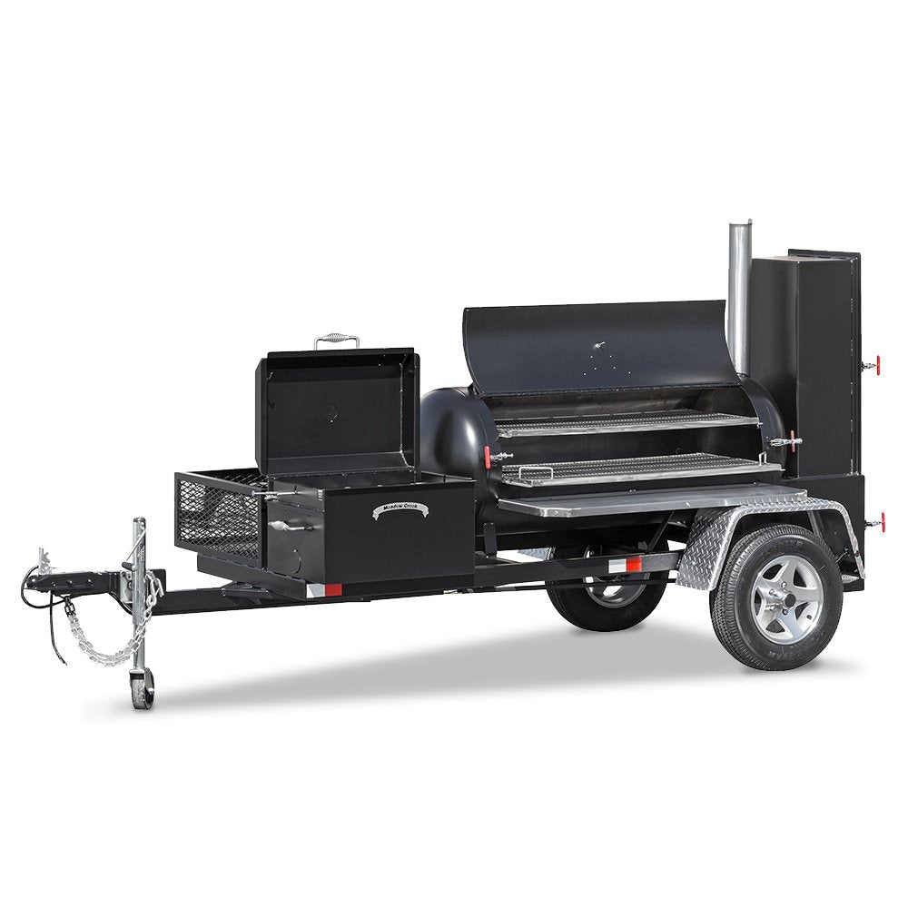 Close-up of the sturdy steel construction and textured black finish of the Meadow Creek TS120 smoker's side panel with