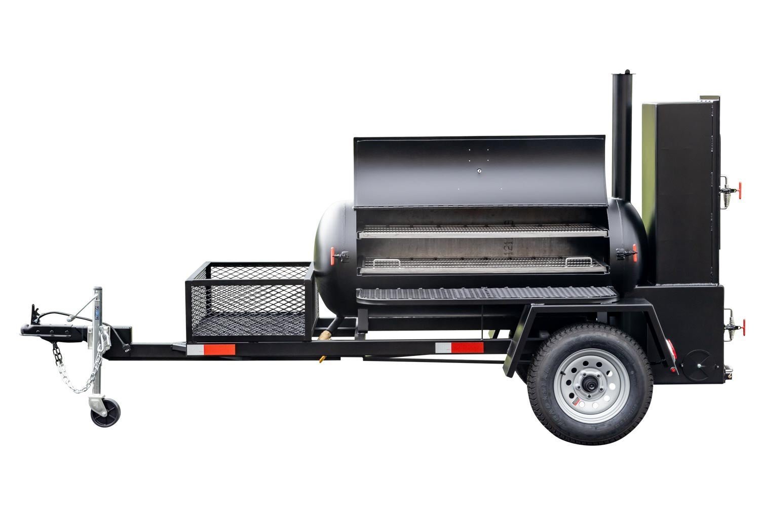 Close-up of the Meadow Creek TS120 smoker's heavy-duty steel latch and textured black finish on the trailer's rear corner.