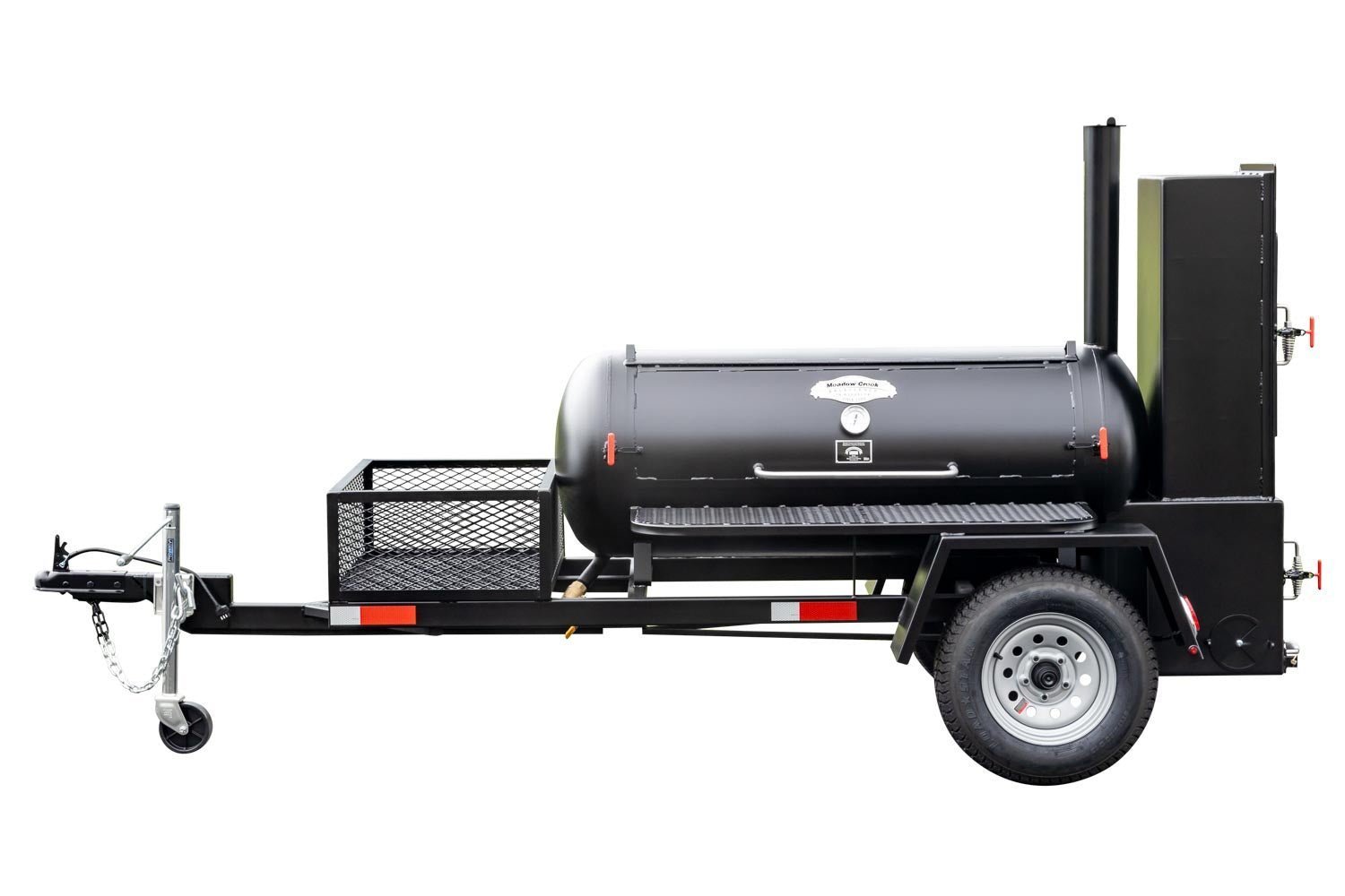 Meadow Creek TS120 offset BBQ smoker trailer with black painted steel body, large vertical smoke chamber, and dual wheels