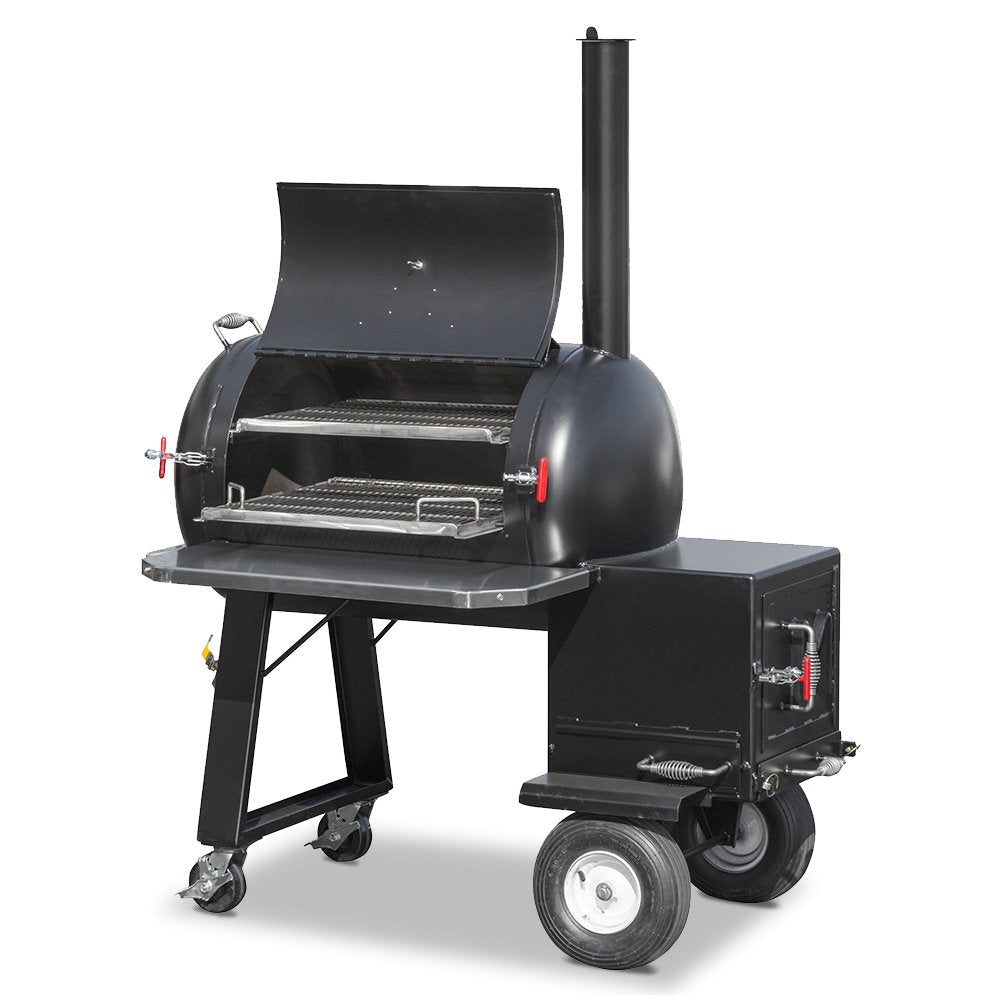 Close-up of the offset smoker’s durable stainless steel grate with textured surface and visible cross-hatch pattern for even