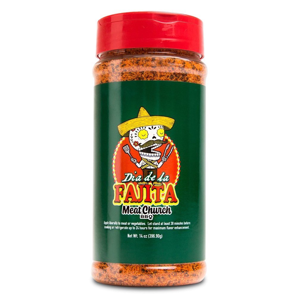 Meat Church BBQ Dia de la Fajita Seasoning 14oz jar with vibrant label for beef, pork, poultry, seafood, vegetables rubs