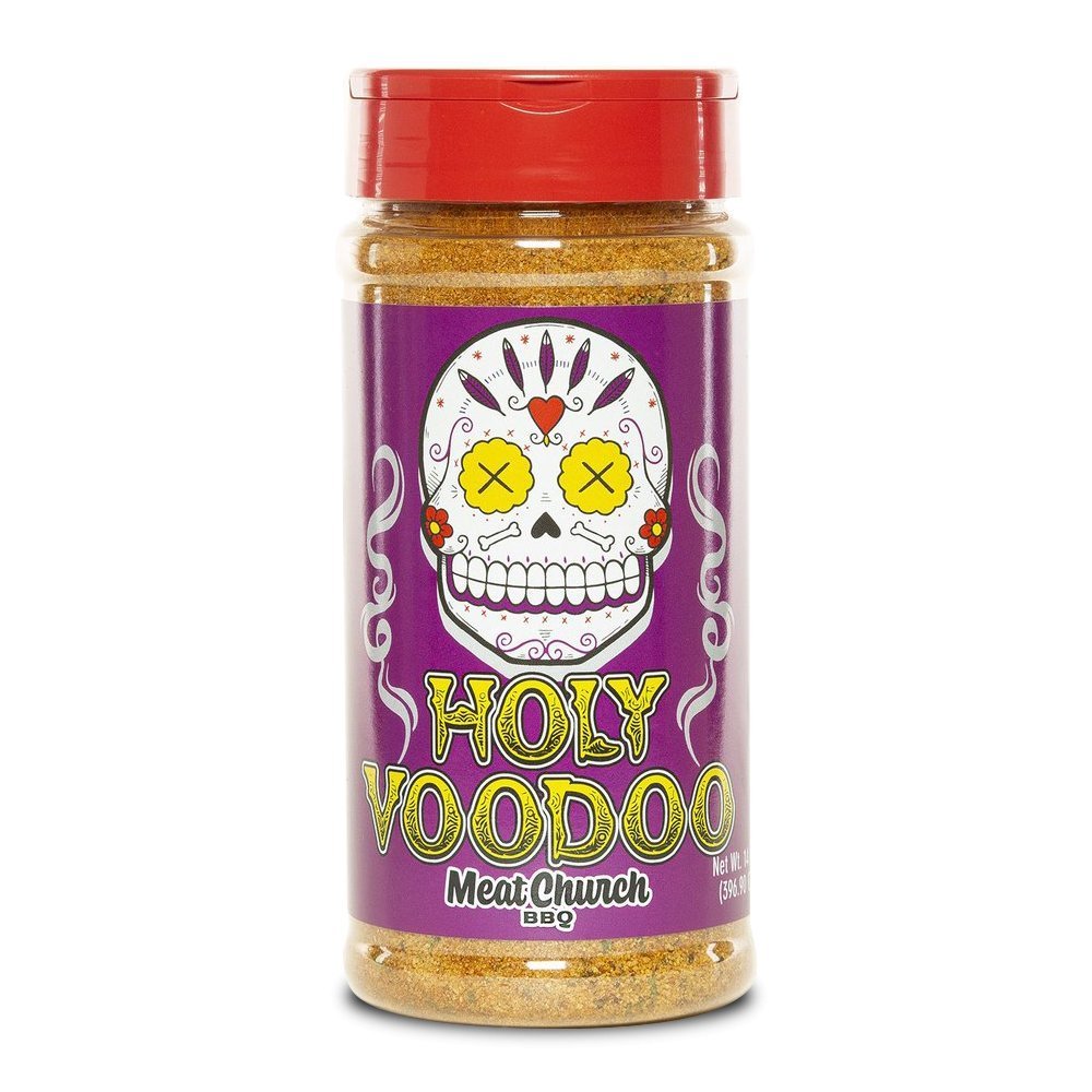 Meat Church Holy Voodoo Seasoning 14oz jar with hand-crafted spice blend for pork, poultry, seafood, and vegetables