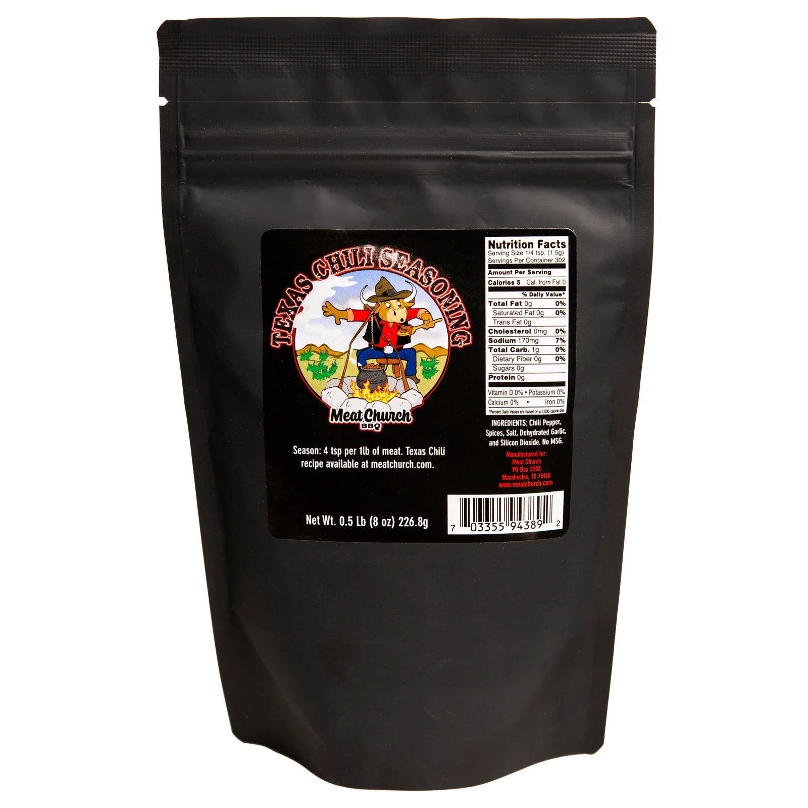 Meat Church Texas Chili Seasoning 8oz jar with natural spices for beef, pork, poultry, seafood, and vegetables in a clear