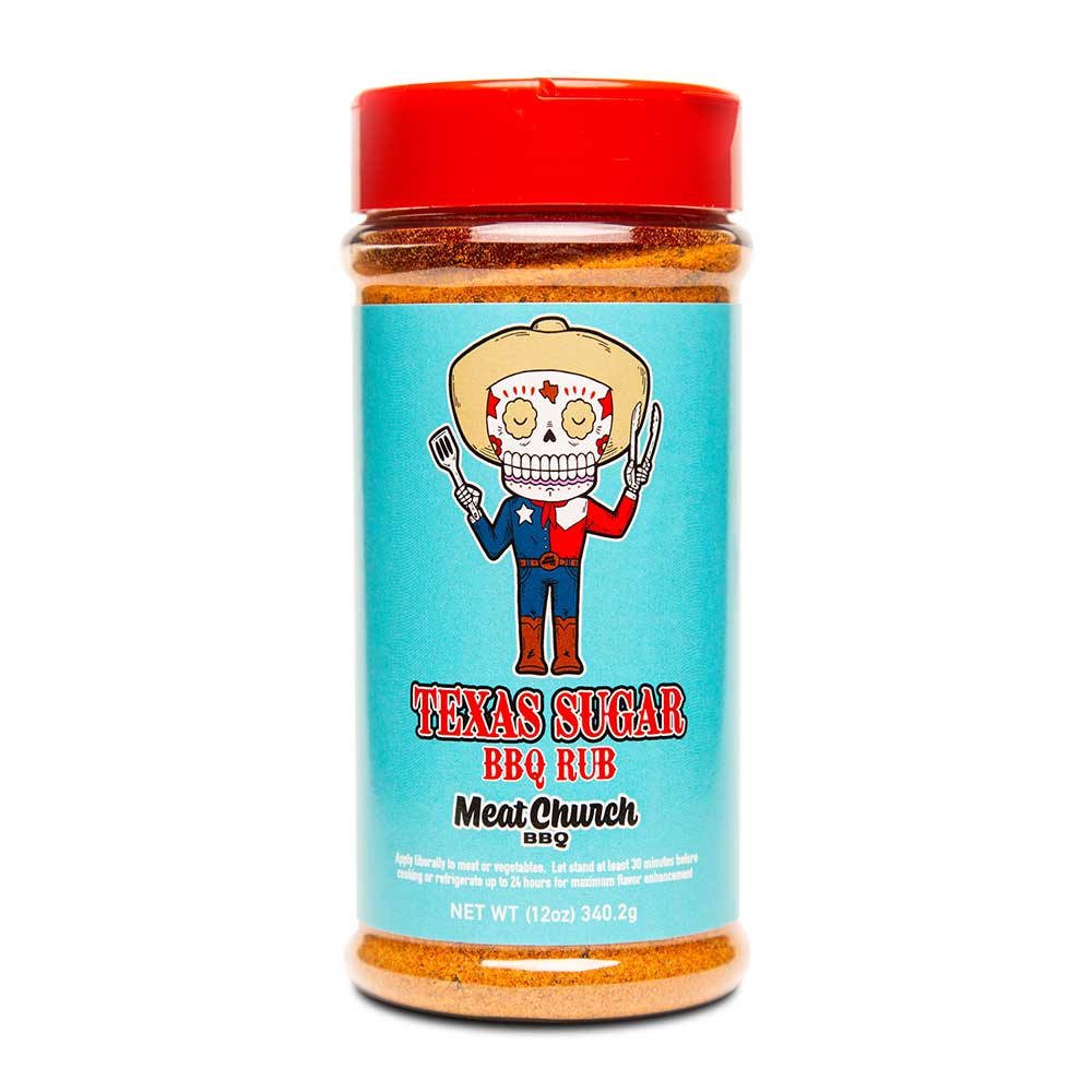 Meat Church Texas Sugar BBQ Rub in 12oz container with hand-crafted label, ideal for pork, poultry, seafood, and vegetables