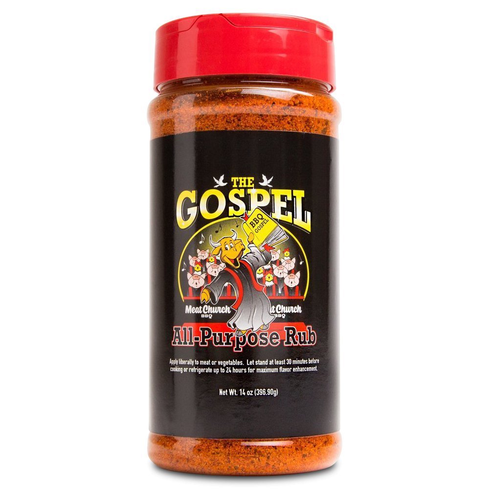 Meat Church The Gospel All Purpose Rub 14oz jar with black label and white logo, crafted for beef, pork, poultry, seafood