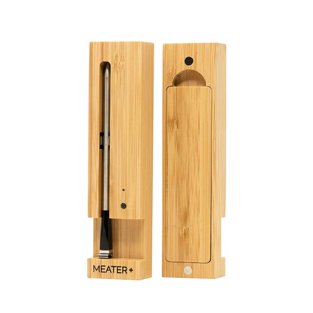 MeATER Plus wireless meat probe with stainless steel tip and black silicone handle for precise cooking temperature monitoring