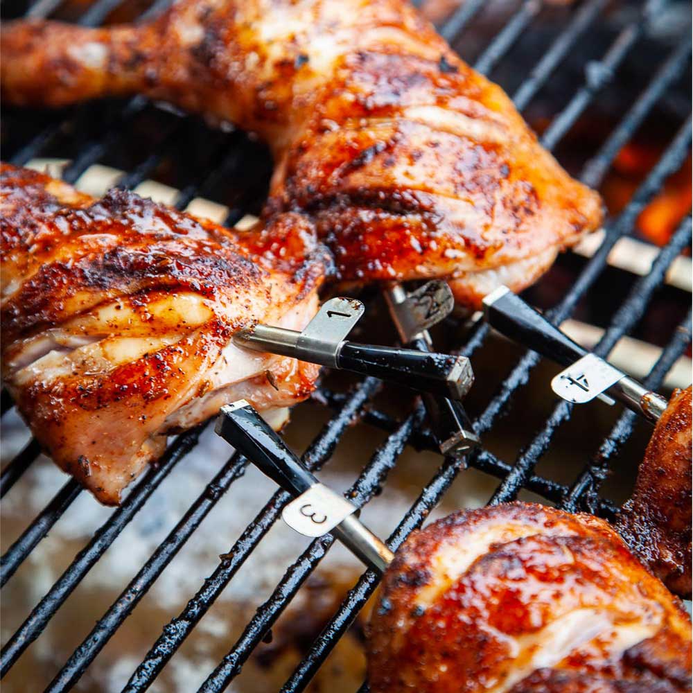 Close-up of MEATER Plus probe tip highlighting its stainless steel sensor for precise temperature readings during grilling
