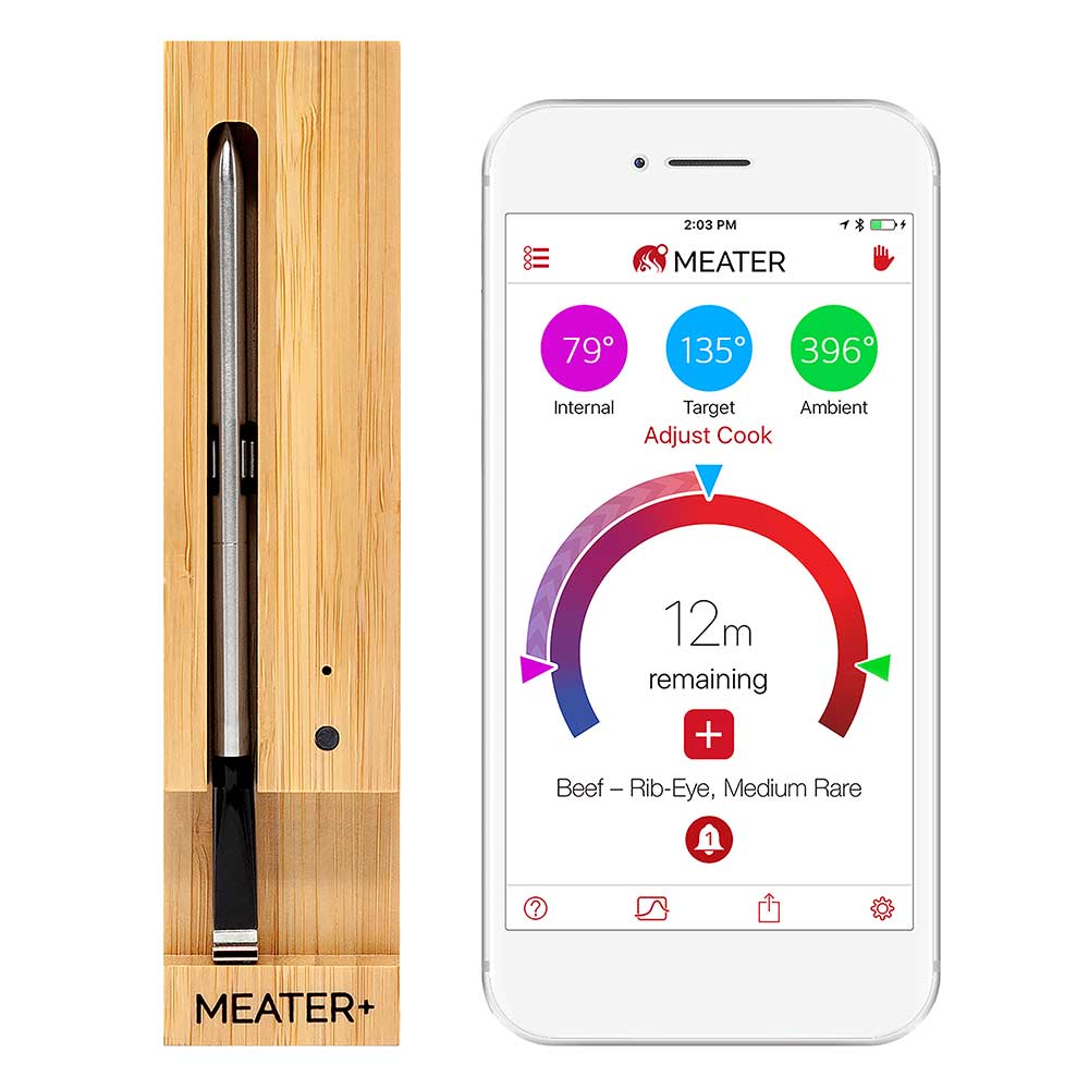 Close-up of the MEATER Plus meat probe's stainless steel sensor tip highlighting precise temperature measurement capability