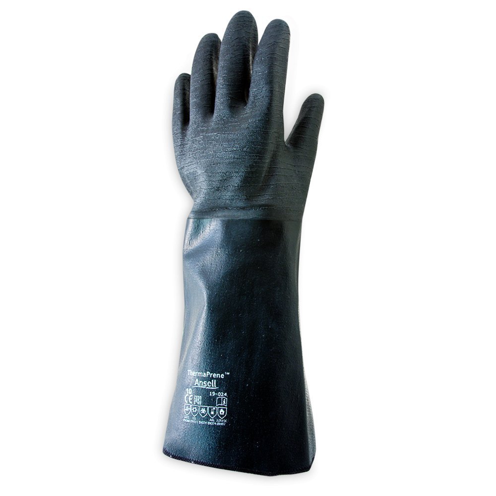 Close-up of textured black neoprene material with stitched seams and reinforced grip pattern on glove palm surface.