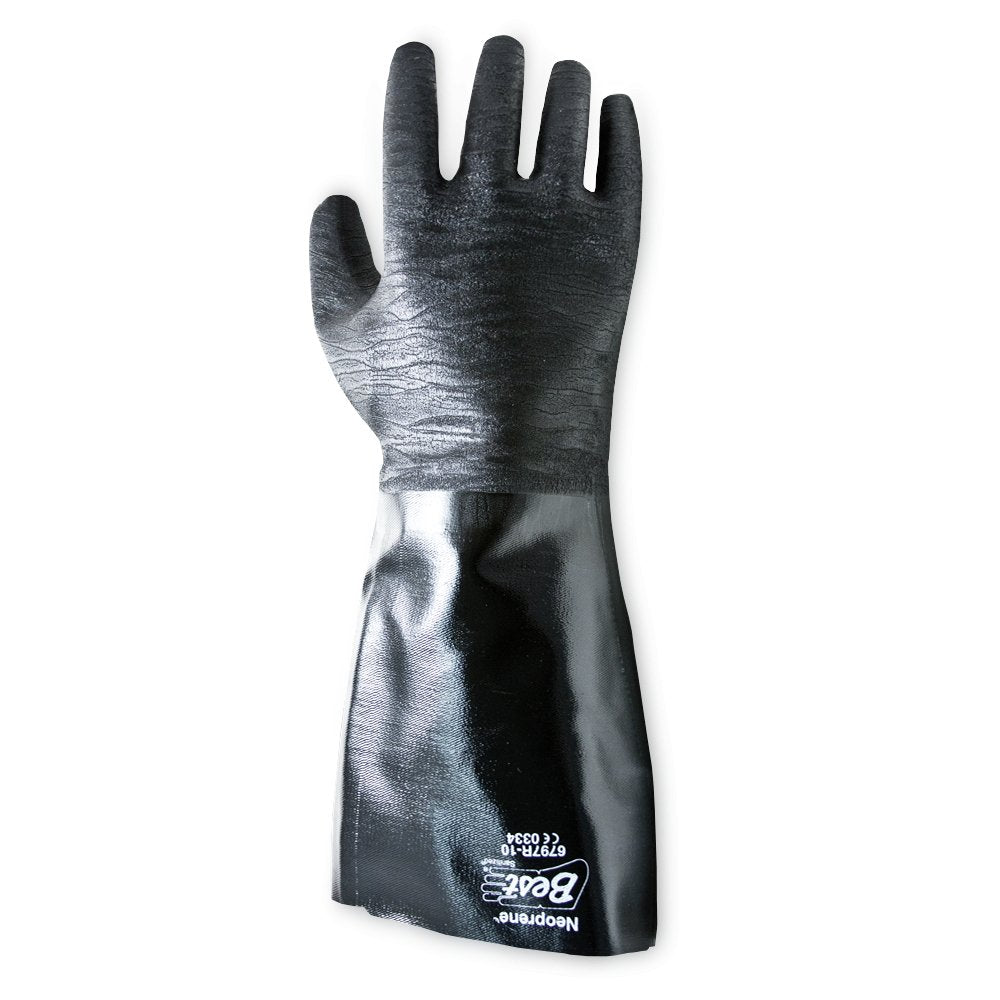 Close-up of textured black neoprene surface with reinforced stitching and heat-resistant inner lining visible on glove cuff