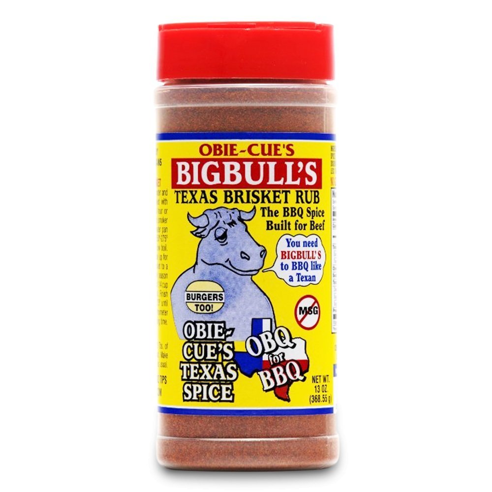 Obie-Cue Big Bulls Texas Brisket Rub 13oz jar with bold black label, hand-crafted spice blend for beef barbecue