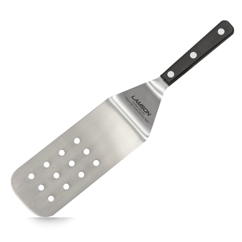 Lamson perforated turner with stainless steel blade, textured surface, and tapered edge for precise food flipping and serving
