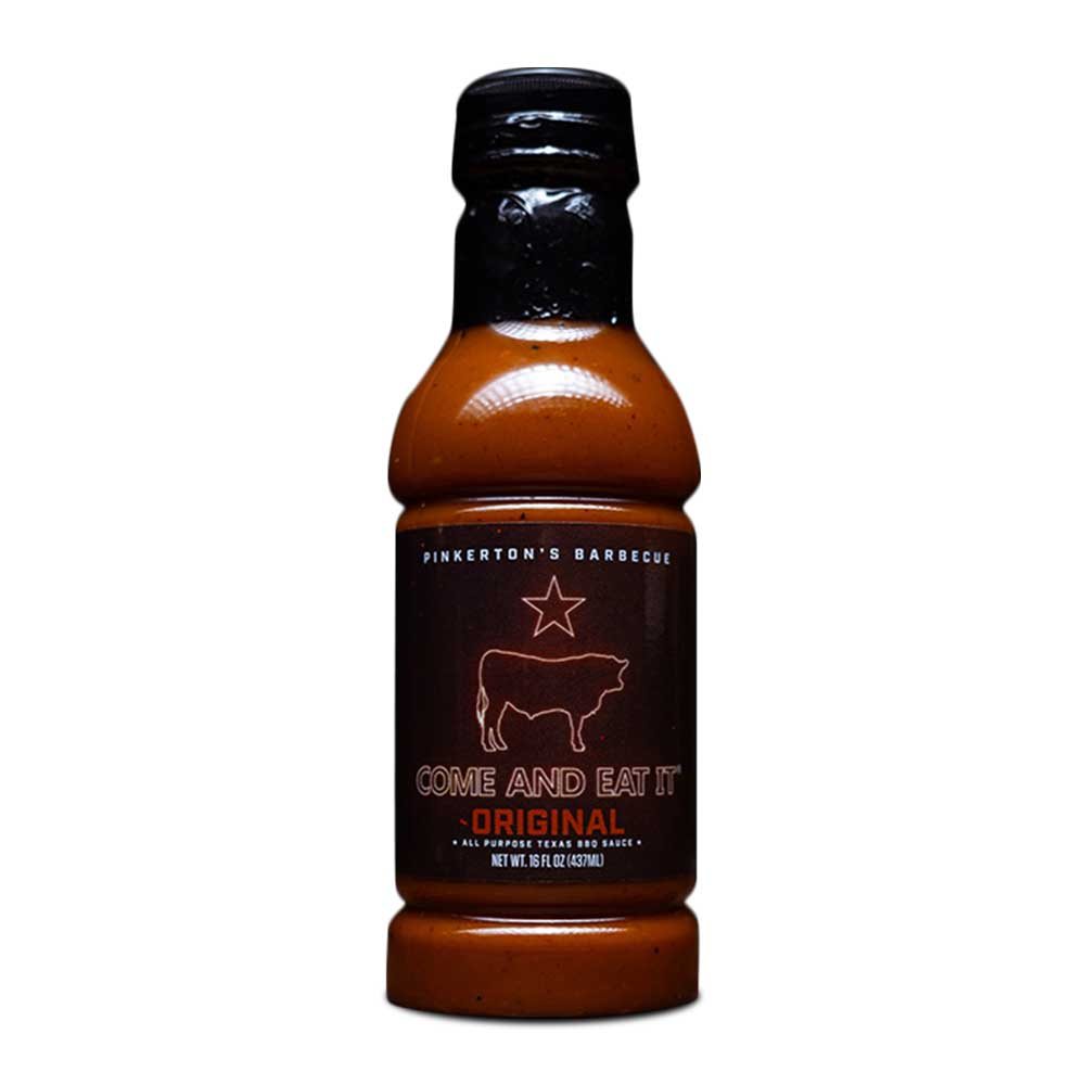 Pinkerton’s BBQ Original Sauce 16oz bottle with vibrant pink label, rich glossy texture, gluten-free, natural ingredients
