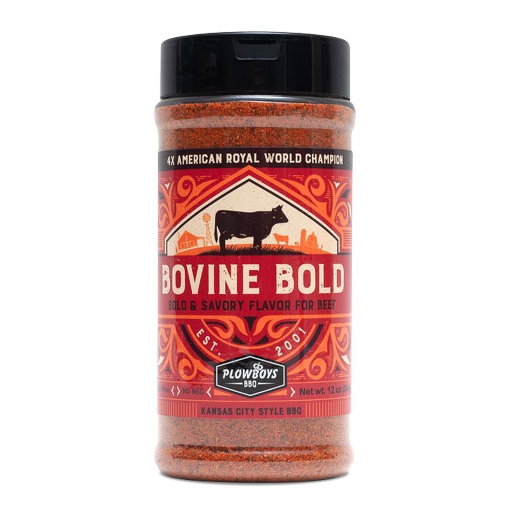 Plowboys BBQ Bovine Bold Rub 12oz jar with textured black label and silver lid, crafted for savory beef grilling