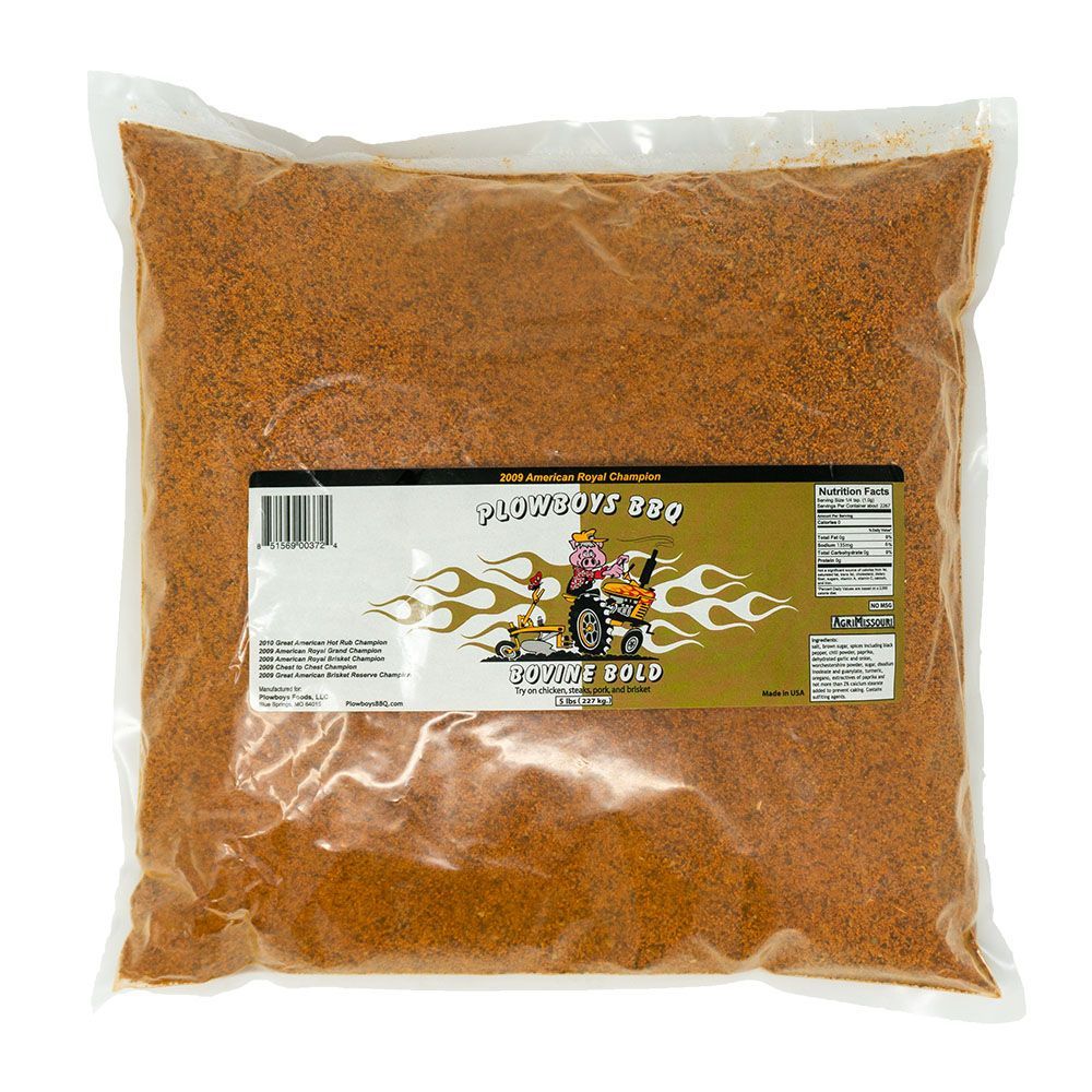 Plowboys BBQ Bovine Bold Rub 5lb bag with organic spices, crafted for beef, in resealable packaging